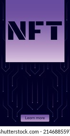 NFT concept, blockchain technology, cryptocurrency. Non-fungible token Work. Futuristic background, with elements in techno style microchips. Banner template design for web. Copyspace.