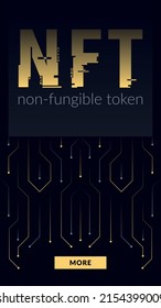 NFT concept, blockchain technology, cryptocurrency. Non-fungible token Work. Futuristic background, with elements in techno style microchips. Banner template design for web. Copyspace.