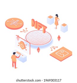 concepto de NFT. С creación de un certificado de singularidad de un objeto digital. Tokens criptográficos únicos. Ilustración vectorial moderna de estilo isométrico. Aislado sobre fondo blanco