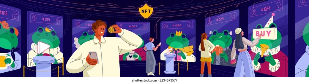 NFT concept. Digital art market, artists gallery. Virtual business, trade with nonfungible tokens, blockchains. Buying, paying with cryptocurrency for electronic artworks. Flat vector illustration