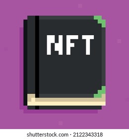 NFT concept. Digital token book. Pixel art. Retro, low resolution icon.