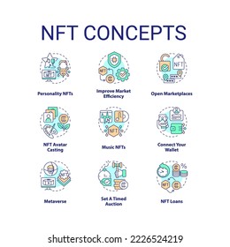 Conjunto de iconos de concepto de NFT. Tecnología Blockchain. Ganar dinero en las ilustraciones en color de la idea del ciberespacio. Símbolos aislados. Trazo editable. Fuentes Roboto-Medium, Myriad Pro-Bold utilizadas