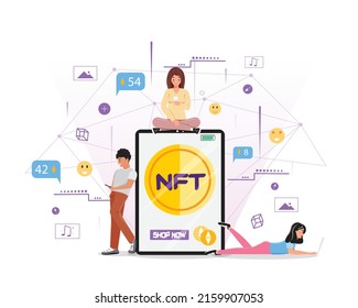 NFT concept illustration with people. People using their devices to make transaction to buy digital art. Vector cartoon illustration with NFT.