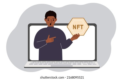 NFT concept. A laptop in which a man with the image of NFT in the palm of his hand. Auction of non-fungible tokens, markets, online education. Vector flat illustration