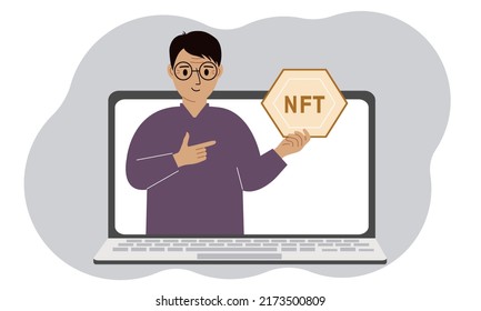 NFT concept. A laptop in which a man with the image of NFT in the palm of his hand. Auction of non-fungible tokens, markets, online education. Vector flat illustration