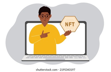 concepto de NFT. Una laptop en la que un hombre con la imagen de NFT en la palma de su mano. Subasta de tokens no fungibles, mercados, educación en línea. Ilustración plana del vector
