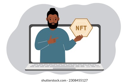 NFT concept. A laptop in which a man with the image of NFT in the palm of his hand. Auction of non-fungible tokens, markets, online education. Vector flat illustration