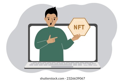 NFT concept. A laptop in which a man with the image of NFT in the palm of his hand. Auction of non-fungible tokens, markets, online education. Vector flat illustration