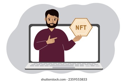 NFT concept. A laptop in which a man with the image of NFT in the palm of his hand. Auction of non-fungible tokens, markets, online education.