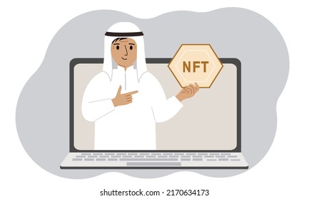 NFT concept. A laptop in which a muslim man with the image of NFT in the palm of his hand. Auction of non-fungible tokens, markets, online education. Vector flat illustration