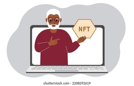 NFT concept. A laptop in which a old man with the image of NFT in the palm of his hand. Auction of non-fungible tokens, markets, online education. Vector flat illustration