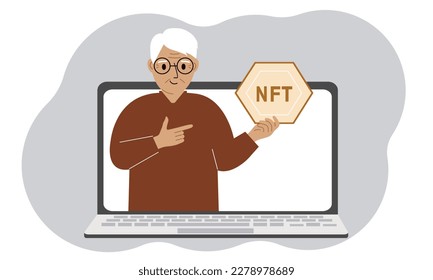 concepto de NFT. Una laptop en la que un anciano con la imagen de NFT en la palma de su mano. Subasta de tokens no fungibles, mercados, educación en línea. Ilustración plana del vector