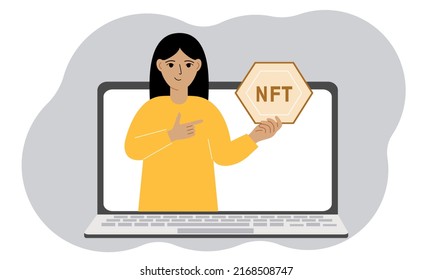 NFT concept. A laptop in which a woman with the image of NFT in the palm of his hand. Auction of non-fungible tokens, markets, online education. Vector flat illustration