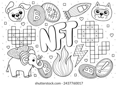 NFT concept line art, Non fungible Token sketch. NFT coloring page for adults