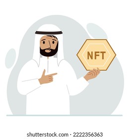 NFT concept. The muslim man is holding nft in his hand. Works of art using non-fungible tokens for auctions, sale and purchase of works of art. Vector flat illustration