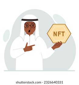 NFT concept. The muslim man is holding nft in his hand. Works of art using non-fungible tokens for auctions, sale and purchase of works of art. Vector flat illustration