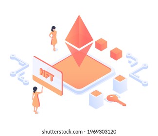 NFT concept. Non-fungible token development and research. Unique cryptographic tokens. Modern vector illustration in isometric style. Isolated on white background