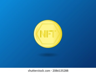 concepto de nft, ficha no fungible, certificado digital único, moneda de oro de nft en ilustración vectorial de fondo azul