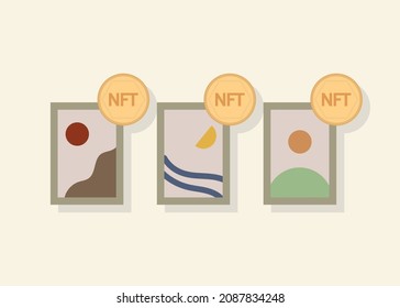 nft concept, non-fungible token, unique digital certificate, nft gold coin in paintings. sale, purchase of virtual collectibles. vector illustration