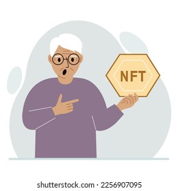 NFT concept. The old man is holding nft in his hand. Works of art using non-fungible tokens for auctions, sale and purchase of works of art. Vector flat illustration