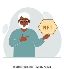 NFT concept. The old man is holding nft in his hand. Works of art using non-fungible tokens for auctions, sale and purchase of works of art. Vector flat illustration