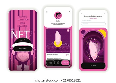 NFT concept onboarding screens. Buying and selling digital art with non fungible tokens with cryptocurrency. UI, UX, GUI user interface kit with flat people scene. Vector illustration for web design