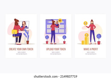 NFT concept onboarding screens. Woman artist creates artwork, uploads her token and profits from sale. Modern UI, UX, GUI user interface kit with people scene for web design. Vector illustration