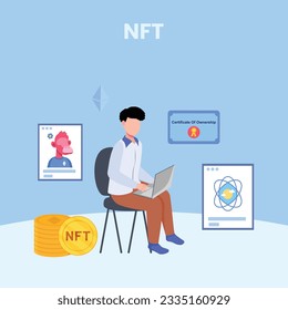 NFT concept. People creating buying and working with crypto art. Non-fungible token auction. Unique masterpieces markets. Persons paying for artworks with phones.	