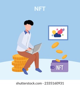 NFT concept. People creating buying and working with crypto art. Non-fungible token auction. Unique masterpieces markets. Persons paying for artworks with phones.	