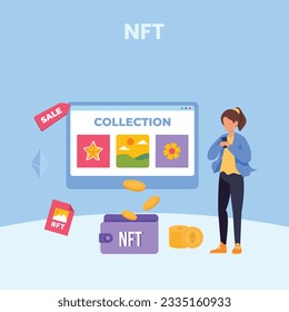 NFT concept. People creating buying and working with crypto art. Non-fungible token auction. Unique masterpieces markets. Persons paying for artworks with phones.	