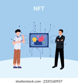 NFT concept. People creating buying and working with crypto art. Non-fungible token auction. Unique masterpieces markets. Persons paying for artworks with phones.	