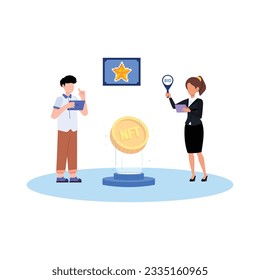 NFT concept. People creating buying and working with crypto art. Non-fungible token auction. Unique masterpieces markets. Persons paying for artworks with phones.	