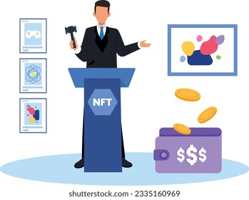 NFT-Konzept. Menschen, die mit Kryptokunst kaufen und arbeiten. Nicht fungible Token-Auktion. Einzigartige Meisterstückmärkte. Personen, die für Kunstwerke mit Handys zahlen.	