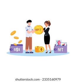 concepto de NFT. Personas que crean compras y trabajan con arte criptográfico. Subasta simbólica no fungible. Mercados únicos de obras maestras. Personas pagando por obras de arte con teléfonos.	