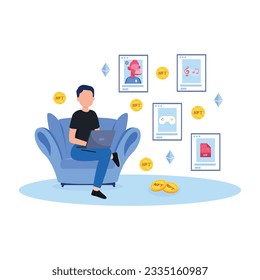 concepto de NFT. Personas que crean compras y trabajan con arte criptográfico. Subasta simbólica no fungible. Mercados únicos de obras maestras. Personas pagando por obras de arte con teléfonos.	