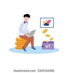 concepto de NFT. Personas que crean compras y trabajan con arte criptográfico. Subasta simbólica no fungible. Mercados únicos de obras maestras. Personas pagando por obras de arte con teléfonos.	