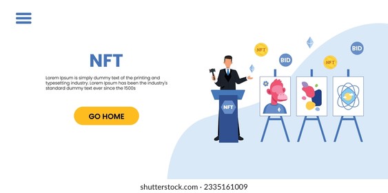 NFT-Konzept. Menschen, die mit Kryptokunst kaufen und arbeiten. Nicht fungible Token-Auktion. Einzigartige Meisterstückmärkte. Personen, die für Kunstwerke mit Handys zahlen.	