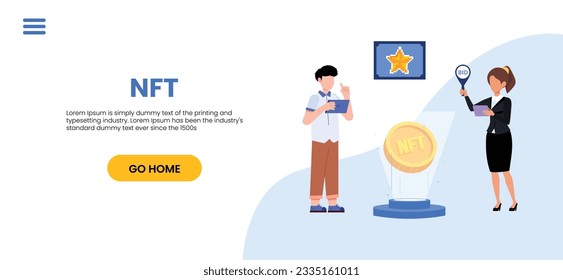 NFT concept. People creating buying and working with crypto art. Non-fungible token auction. Unique masterpieces markets. Persons paying for artworks with phones.	