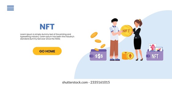 NFT concept. People creating buying and working with crypto art. Non-fungible token auction. Unique masterpieces markets. Persons paying for artworks with phones.	