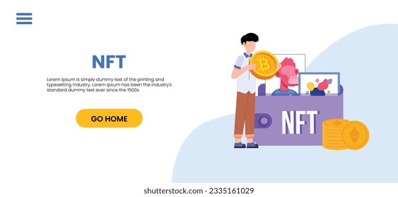 NFT-Konzept. Menschen, die mit Kryptokunst kaufen und arbeiten. Nicht fungible Token-Auktion. Einzigartige Meisterstückmärkte. Personen, die für Kunstwerke mit Handys zahlen.	