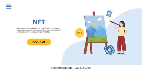 NFT concept. People creating buying and working with crypto art. Non-fungible token auction. Unique masterpieces markets. Persons paying for artworks with phones.	