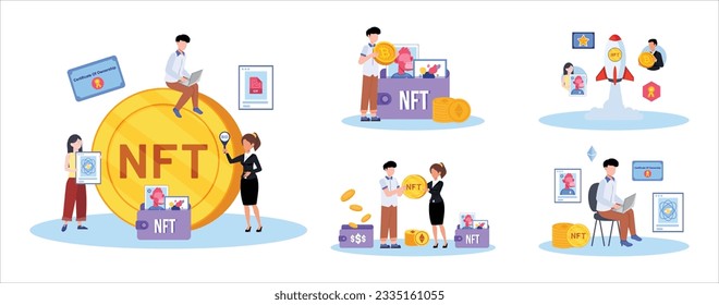NFT concept. People creating buying and working with crypto art. Non-fungible token auction. Unique masterpieces markets. Persons paying for artworks with phones.	