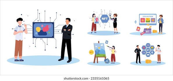 NFT concept. People creating buying and working with crypto art. Non-fungible token auction. Unique masterpieces markets. Persons paying for artworks with phones.	