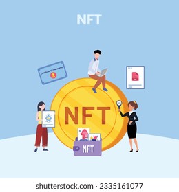 concepto de NFT. Personas que crean compras y trabajan con arte criptográfico. Subasta simbólica no fungible. Mercados únicos de obras maestras. Personas pagando por obras de arte con teléfonos.	