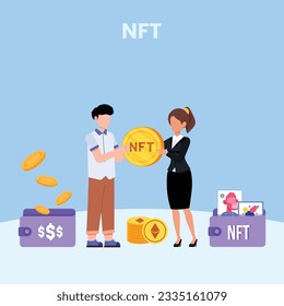 NFT concept. People creating buying and working with crypto art. Non-fungible token auction. Unique masterpieces markets. Persons paying for artworks with phones.	