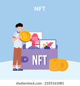 NFT concept. People creating buying and working with crypto art. Non-fungible token auction. Unique masterpieces markets. Persons paying for artworks with phones.	