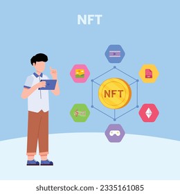 concepto de NFT. Personas que crean compras y trabajan con arte criptográfico. Subasta simbólica no fungible. Mercados únicos de obras maestras. Personas pagando por obras de arte con teléfonos.	
