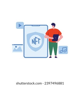 NFT concept. People creating buying and working with crypto art. Non-fungible token auction. Unique masterpieces markets. Persons paying for artworks with phones.