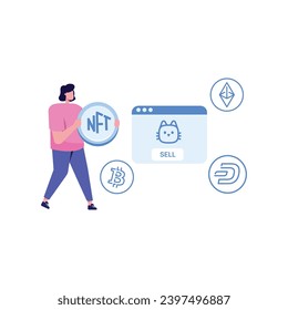 concepto de NFT. Personas que crean compras y trabajan con arte criptográfico. Subasta simbólica no fungible. Mercados únicos de obras maestras. Personas pagando por obras de arte con teléfonos.
