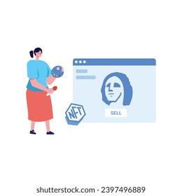 NFT concept. People creating buying and working with crypto art. Non-fungible token auction. Unique masterpieces markets. Persons paying for artworks with phones.